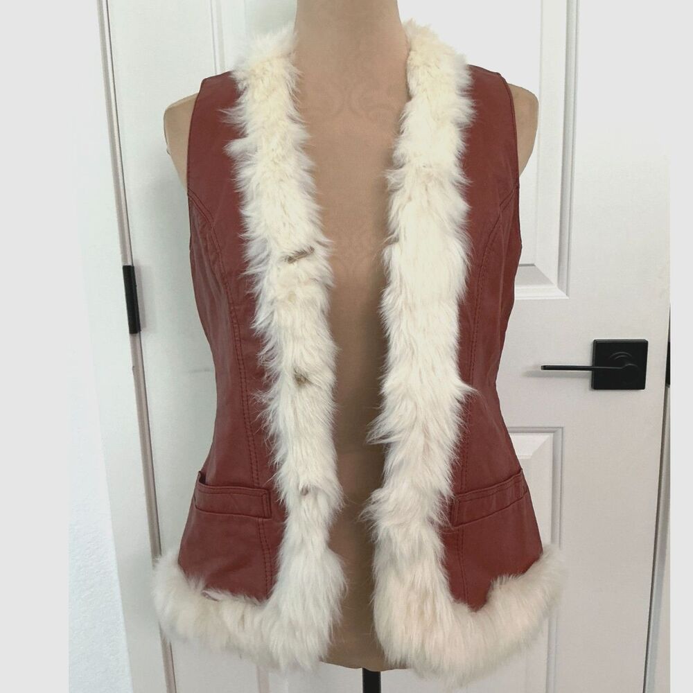 Mountain Flowers Women’s M Rust Red Fur Trim Vest Boho Western Y2K